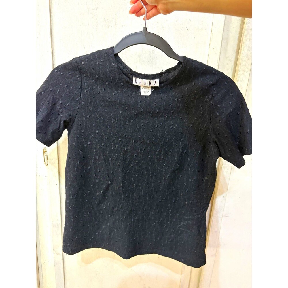 ERENA Black Textured Knit Pullover Top, Short Sleeve Crew Neck, Size S